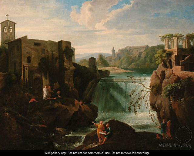 A river landscape with figures before a waterfall - (after) Francesco Zuccarelli