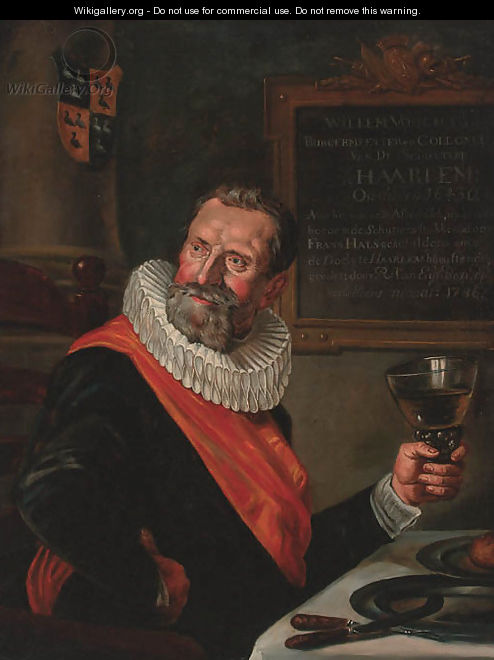 Portrait Of An Officer Of The Saint Hadrian Civic Guard, Half Length, Holding A Roemer, At A Table - (after) Hals, Frans