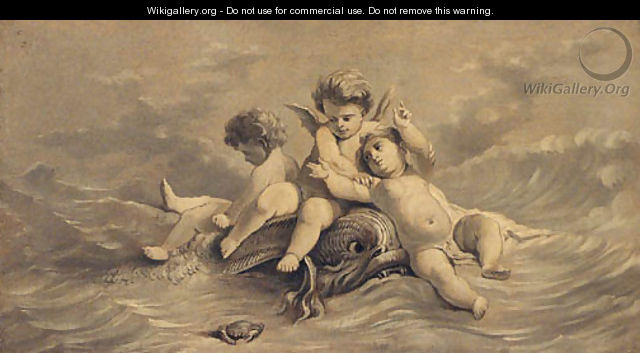 Putti frolicking amidst the sea - en grisaille - (after) Francois Boucher