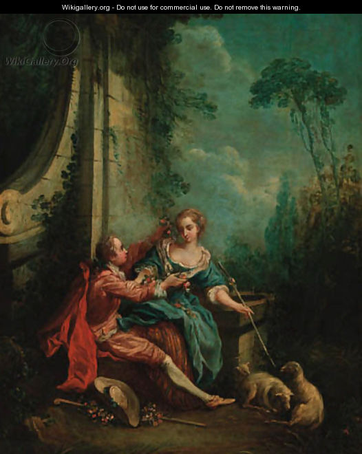 A shepherd and shepherdess at a fountain - (after) Francois Boucher