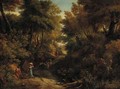 A wooded landscape with a shepherd and a washerwoman on a path - (after) Jean-Francois Millet