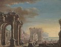 A capriccio of classical ruins with elegant figures conversing in the foreground - (after) Gennaro Greco, Il Mascacotta
