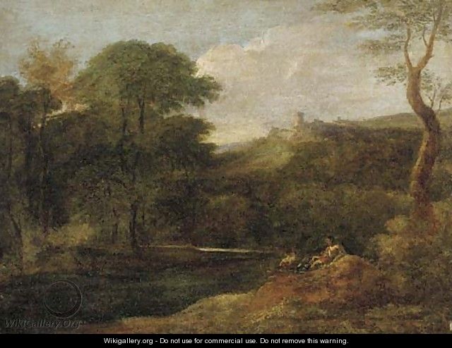 A river landscape with figures by a stream, a hilltop fort beyond - (after) Gaspard Dughet
