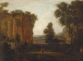 A classical Italianate landscape with travellers and a donkey on a track - (after) Gaspard Dughet
