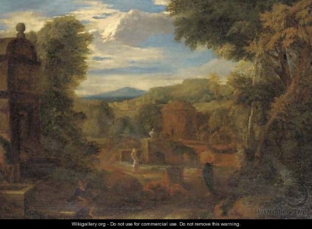 A capriccio of classical buildings in a landscape, figures in the foreground - (after) Gaspard Dughet