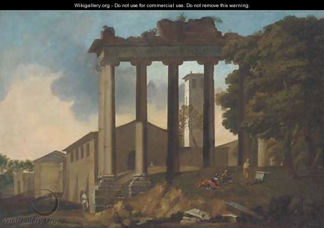 The Temple of Concorde, Rome, with classical figures in the foreground - (after) Gaspard Dughet