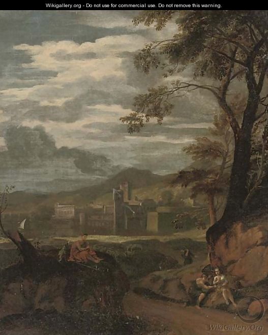 A river landscape with a flute player and other figures resting, a town beyond - (after) Gaspard Dughet