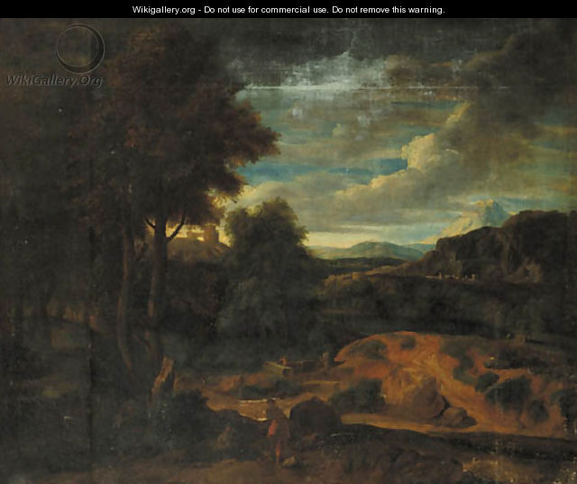 An Italianate landscape at sunset with shepherds in the foreground - (after) Gaspard Dughet