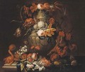 Roses, tulips, narcissi, carnations, blue bells, and other flowers decorating an urn on a ledge - (after) Gaspar-Pieter The Younger Verbruggen
