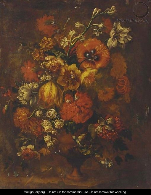Carnations, tulips, narcissi, and other flowers in an urn on a ledge - (after) Gaspar-Pieter The Younger Verbruggen