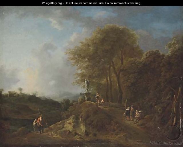 A wooded river landscape with anglers on a track, other figures on a bridge by a statue - (after) Frederick De Moucheron