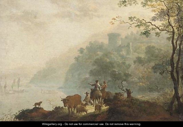 An Italianate landscape with cattle herders in the foreground - (after) Frederick De Moucheron