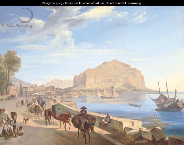 Tourists on the harbour front in Palermo, Monte Pellegrino beyond - (after) Franz Ludwig Catel