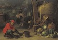 A kitchen interior with a man shucking mussels, and figures around a fire - (after) David The Younger Teniers