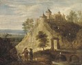 A hilly landscape with peasants on a path by a river, a castle beyond - (after) David The Younger Teniers