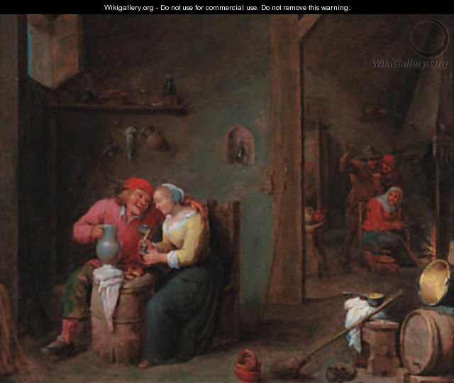 A courting couple in an inn - (after) David The Younger Teniers