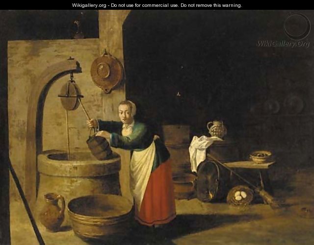 A barn interior with a woman at a well - (after) David The Younger Teniers