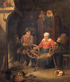 A peasant couple at a spinning wheel by a fire in a barn - (after) David Ryckaert III