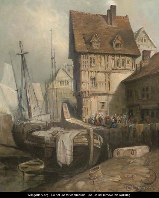 Figures in a continental harbour - (after) David Roberts
