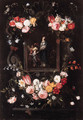 Garlands of flowers surrounding a picture of the Return from Egypt in a stone cartouche - (after) Erasmus II Quellin (Quellinus)
