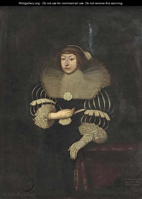Portrait of Elizabeth, Countess of Lyndsey, three-quarter-length in a black and white dress and a lace ruff, a glove on her left hand - (after) Johnson, Cornelius I
