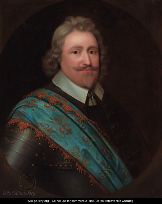 Portrait of a gentleman, bust-length, in armour and a blue sash, feigned oval - (after) Johnson, Cornelius I