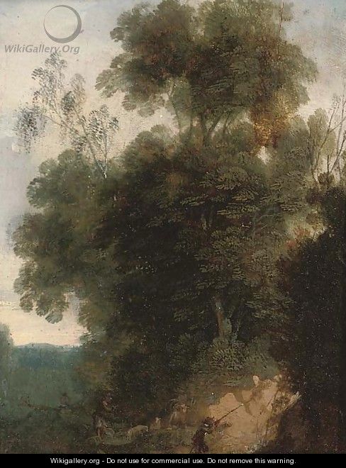 A wooded landscape with hunters and their dogs - (after) Cornelis Hendricksz. The Younger Vroom