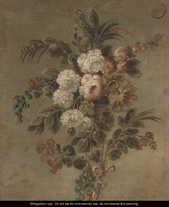 A swag of roses, chrysanthemums, redcurrants, blackcurrents and other flowers - (after) Cornelis Van Spaendonck