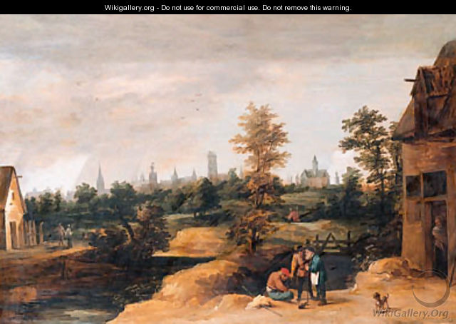 Travellers resting by a farmhouse, a town beyond - (after) David The Younger Teniers