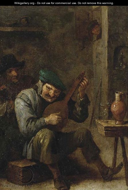 Peasants making music in an interior, with a roemer of wine on a stool - (after) David The Younger Teniers