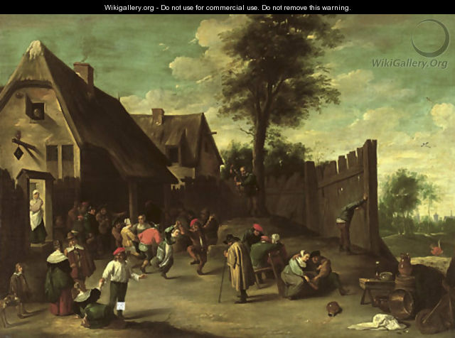 Peasants feasting and dancing outside an inn - (after) David The Younger Teniers
