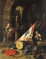 Armour, a saddle, a drum, a banner, a plumed helmet on a bench and other objects in a guardroom - (after) David The Younger Teniers