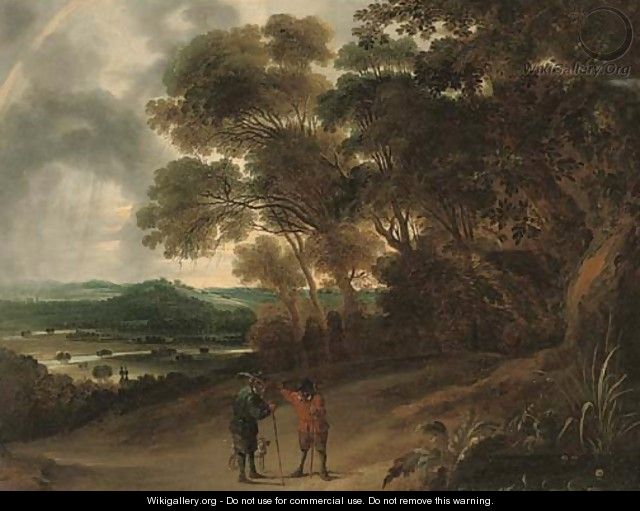 A wooded river landscape with figures conversing on a track - (after) David The Younger Teniers