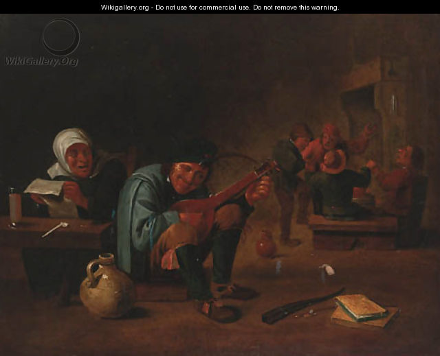 A peasant playing a lute in a tavern interior - (after) David The Younger Teniers