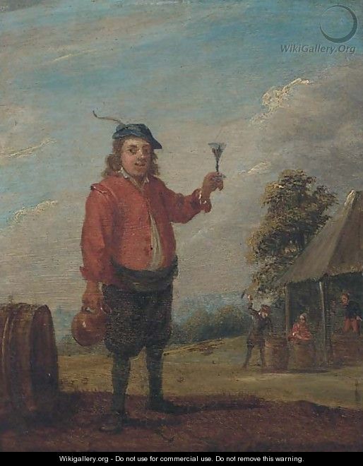 A peasant holding a jug and a roemer of wine near an inn - (after) David The Younger Teniers