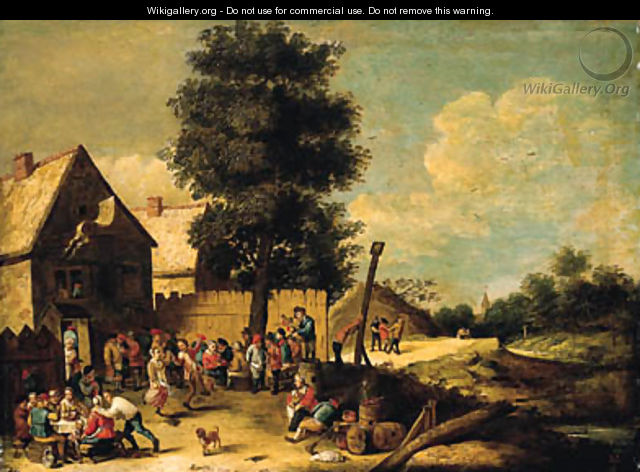 A peasant couple dancing to the music of a bagpiper, standing on a barrel, with other peasants merrymaking, ouside an inn - (after) David The Younger Teniers