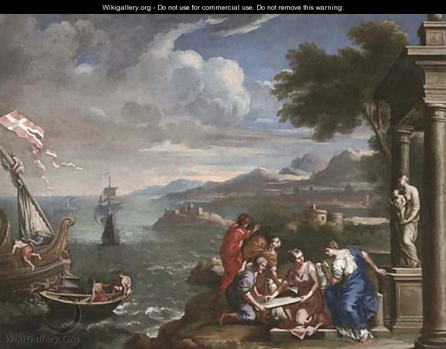 A Mediterranean coastal landscape with shipping and figures before a statue of the Madonna and Child in a classical portico - (after) Domenichino (Domenico Zampieri)