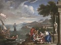 A Mediterranean coastal landscape with shipping and figures before a statue of the Madonna and Child in a classical portico - (after) Domenichino (Domenico Zampieri)