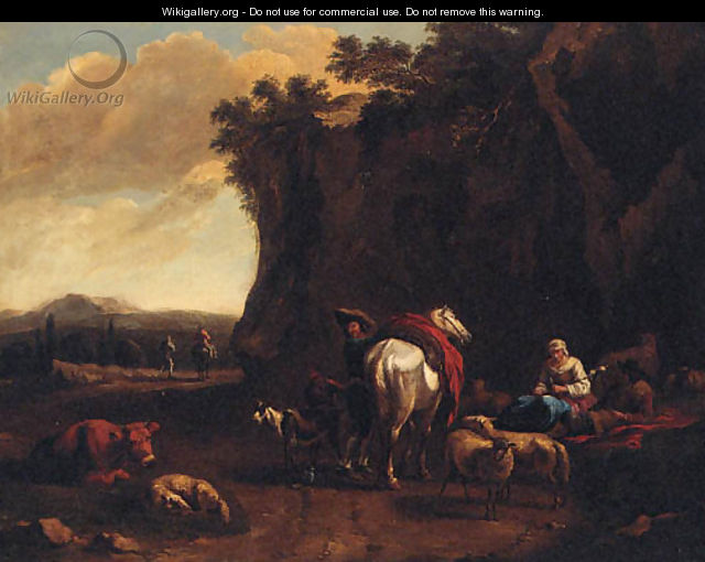 A rocky landscape with drovers resting by a track - (after) Dirk Van Bergen