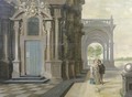 A fantastical palace with an elegant couple walking in front of a portico - (after) Dirck Van Delen
