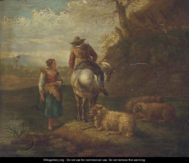 An Italianate river landscape with a shepherd and shepherdess and their flock - (after) Dirck Van Bergen