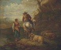 An Italianate river landscape with a shepherd and shepherdess and their flock - (after) Dirck Van Bergen