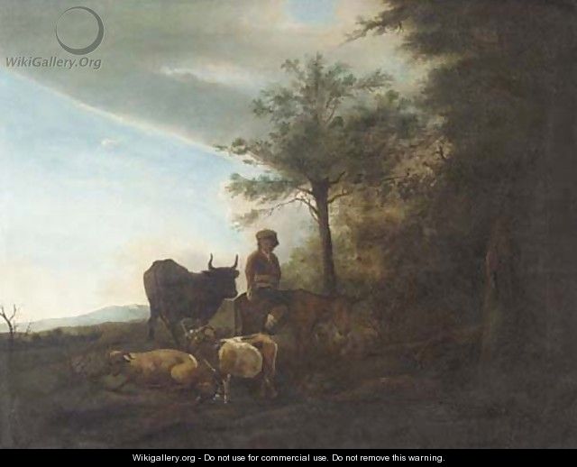 A wooded landscape with a shepherd, goats and cattle - (after) Dirck Van Bergen