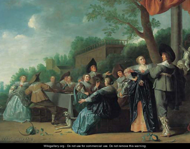 Elegant company feasting in an ornamental garden, a palace beyond - (after) Dirck Hals