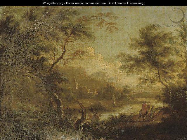 A wooded river landscape with travellers on a track, a village beyond - (after) Dirck Dalens II