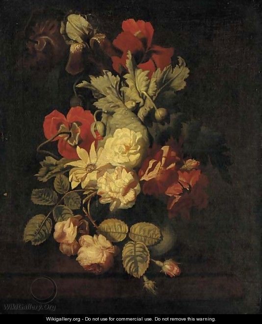 Roses and other flowers in a vase on a ledge - (after) Elias Van Den Broeck