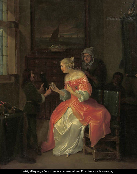 A page presenting a portrait miniature to an elegant lady in an interior - (after) Eglon Van Der Neer