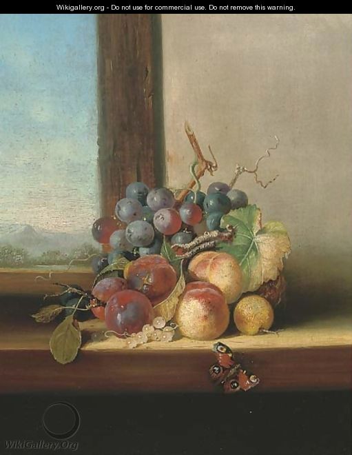 Grapes, plums, nectarines and a butterfly, on a windowsill - (after) Edward Ladell