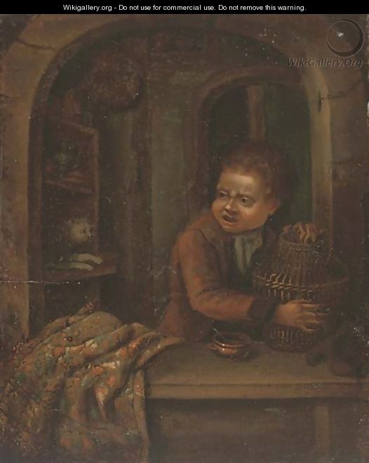 A boy with a birdcage at a casement - (after) Dominicus Van Tol