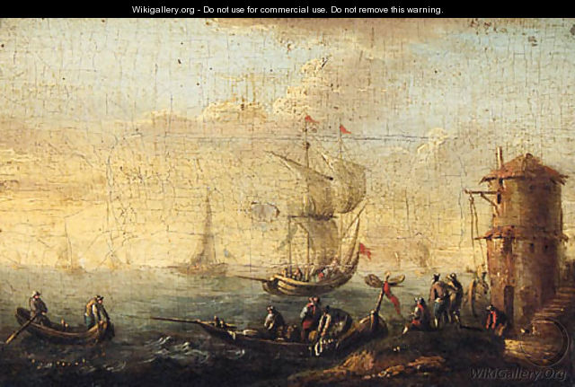 Rowing boats by a shoreline, a kaag beyond; and A shipwrecked sailing boat off a rocky coastline - (after) Bonaventure II Peeters